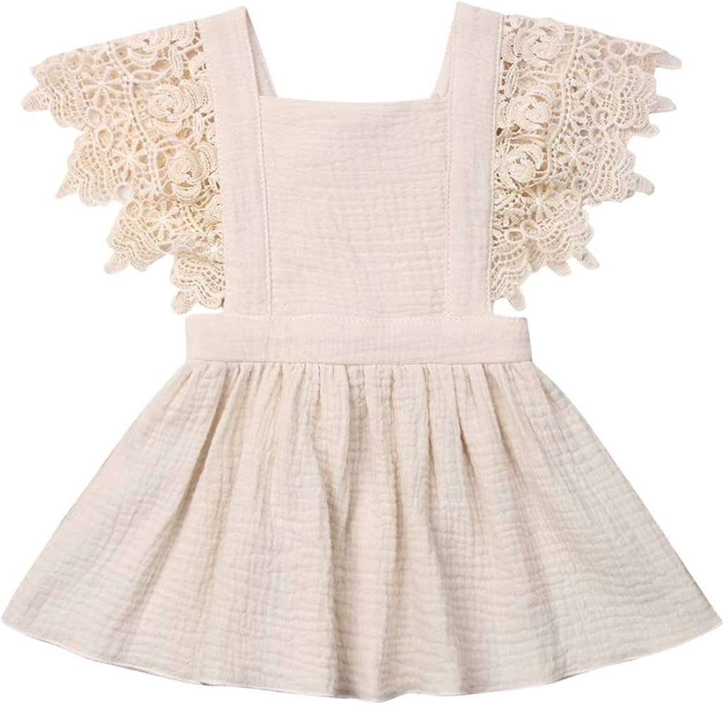Amazon.com: Toddler Baby Girl Infant Comfy Cotton Linen Lace Princess Overall Dress Sundress (Bei... | Amazon (US)