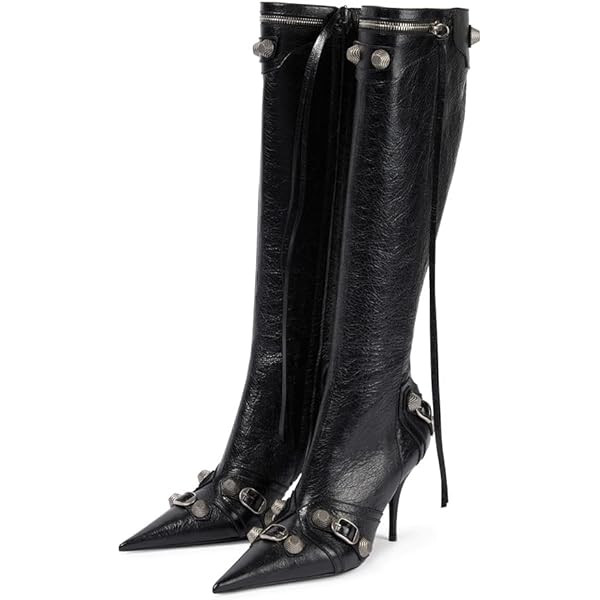 Knee High Boots for Women Pointed Toe Buckle Strap Stiletto Heel Boots Rivets Stud Tall Sexy Dres... | Amazon (US)