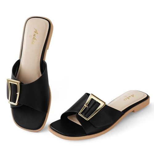 Ankis Black Women's Flat Sandals Comfortable Flat Sandals for Dressy Summer Women's Slide Sandals | Amazon (US)