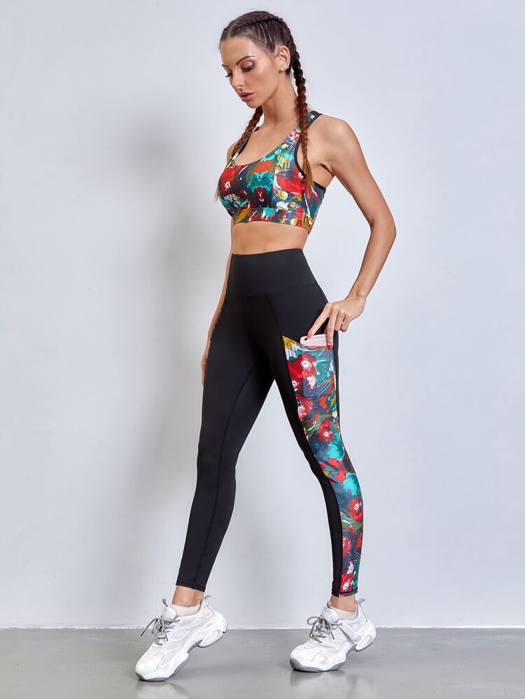 Graphic Print Sports Bra & Leggings With Phone Pocket | SHEIN