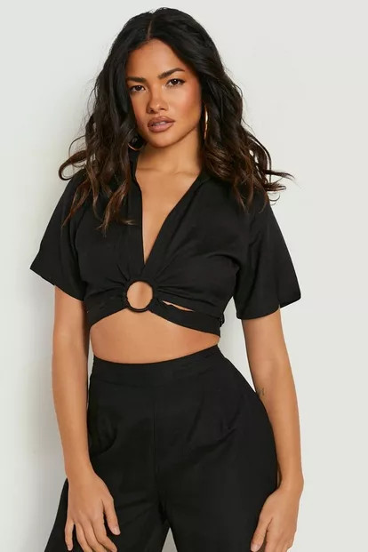 Linen O-ring Collar Beach Top | Boohoo.com (US & CA)