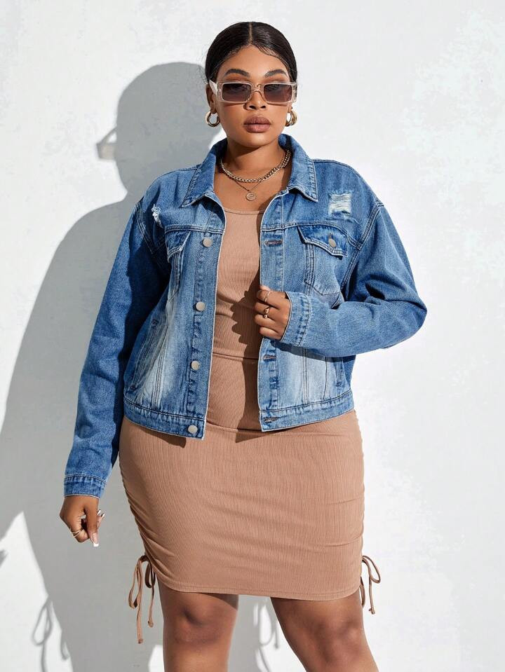 SHEIN SXY Plus Bleach Wash Drop Shoulder Ripped Denim Jacket | SHEIN