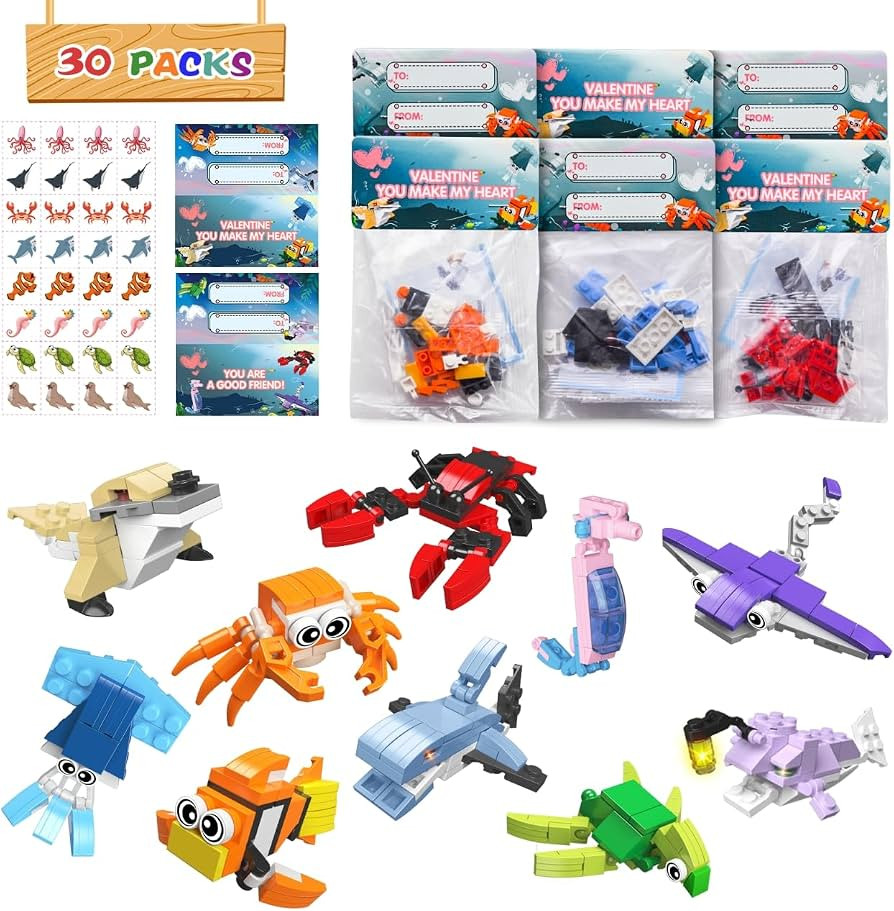30 Packs Valentines Day Gifts for Kids School, Sea Animal Building Blocks with Valentines Cards f... | Amazon (US)
