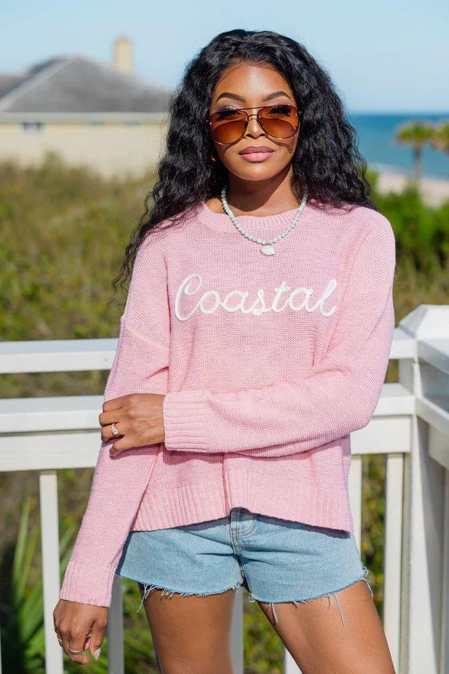 Off To The Beach Pink Coastal Script Sweater | Pink Lily