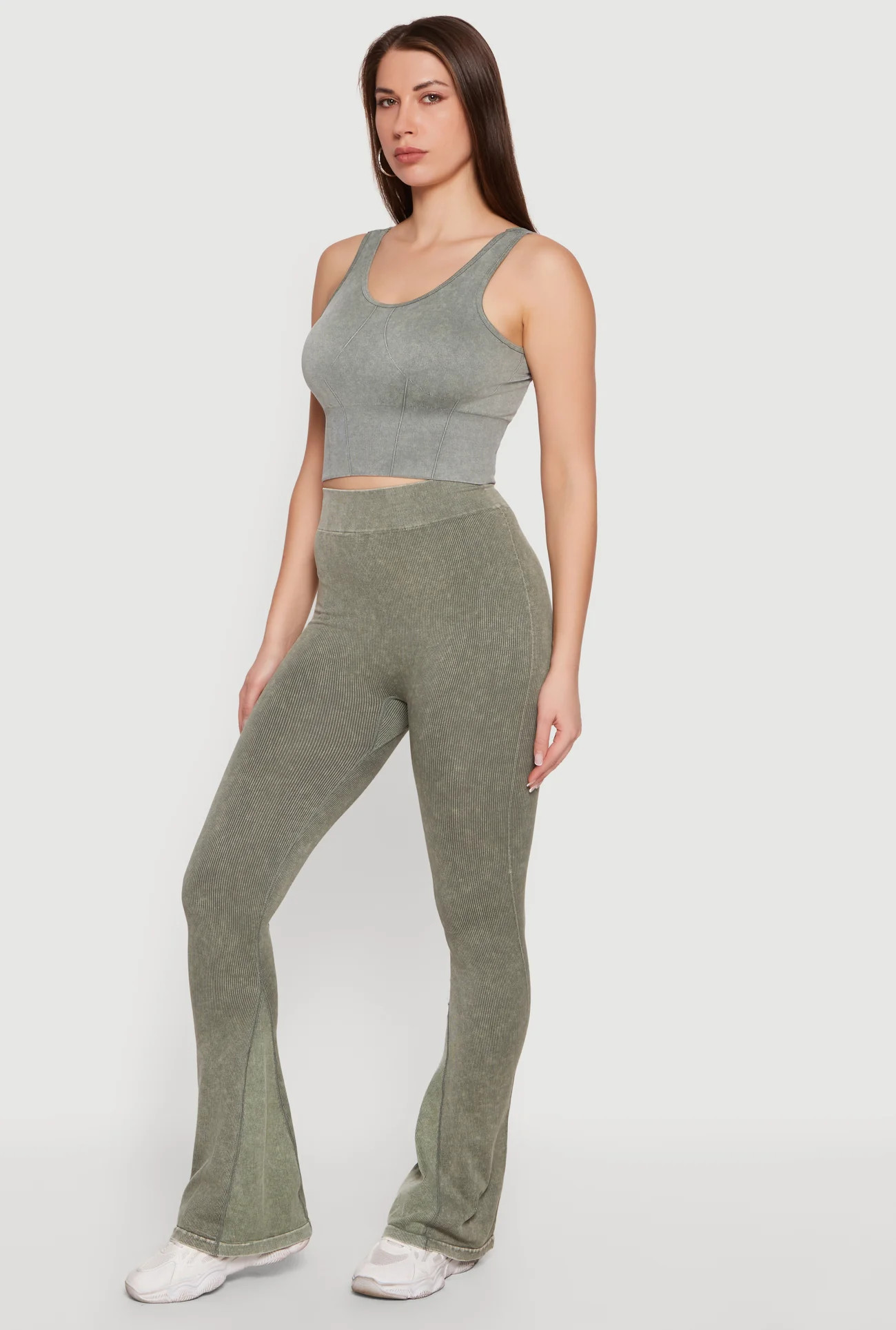 Acid Wash Ribbed Cropped Tank Top and Flare Leggings Set | Rainbow Shops