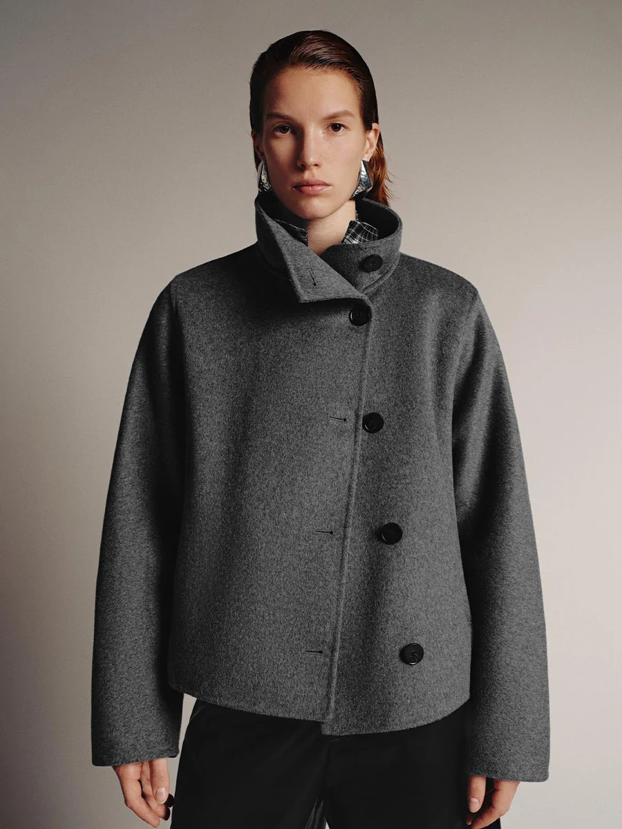 Large Collar Cropped Wool Blend Jackets | Urban Revivo