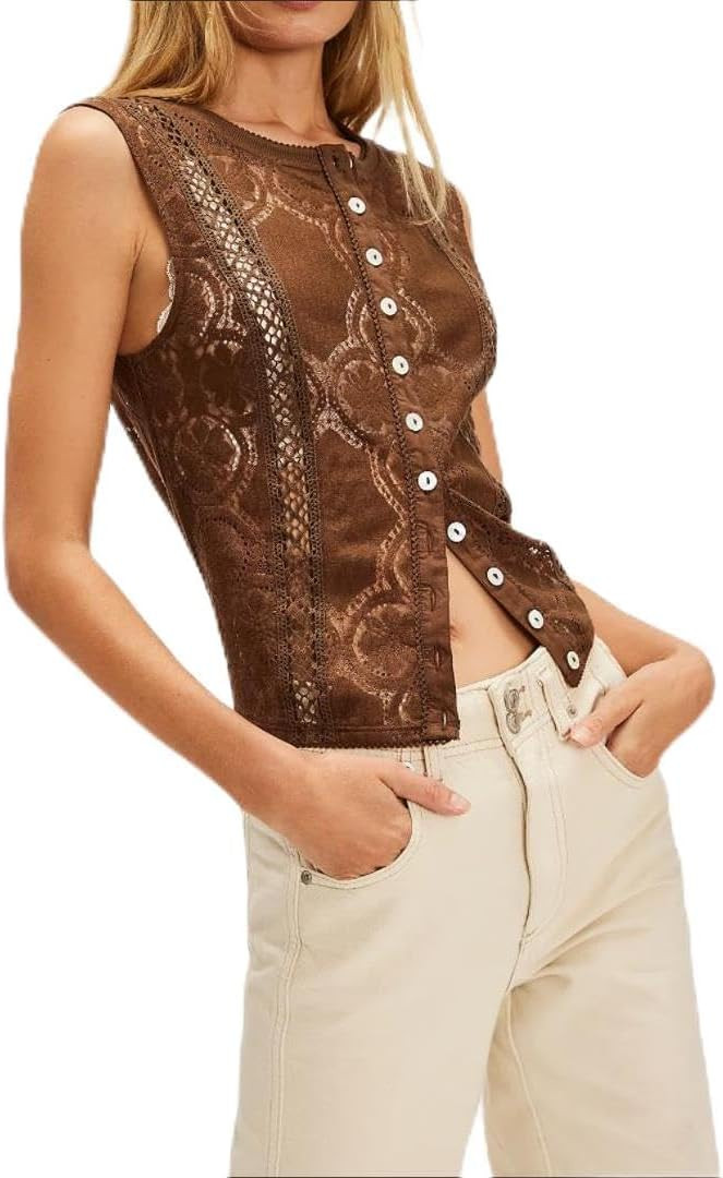 Women Boho Lace Hollow Out Tank Tops Button Down Sleeveless Crew Neck Cardigan Y2k Aesthetic Crop... | Amazon (US)