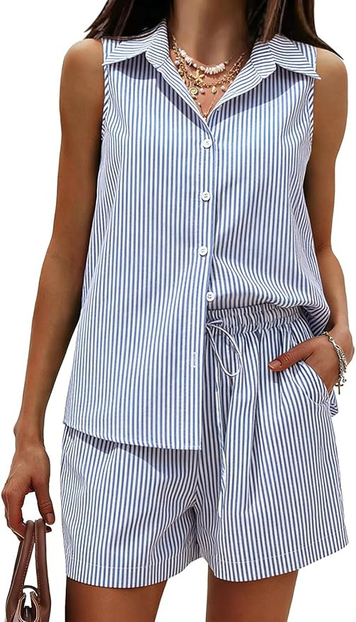 EXLURA Women's Summer 2 Piece Outfits Cotton Sleeveless Button Down Shirts Matching Shorts Sets C... | Amazon (US)