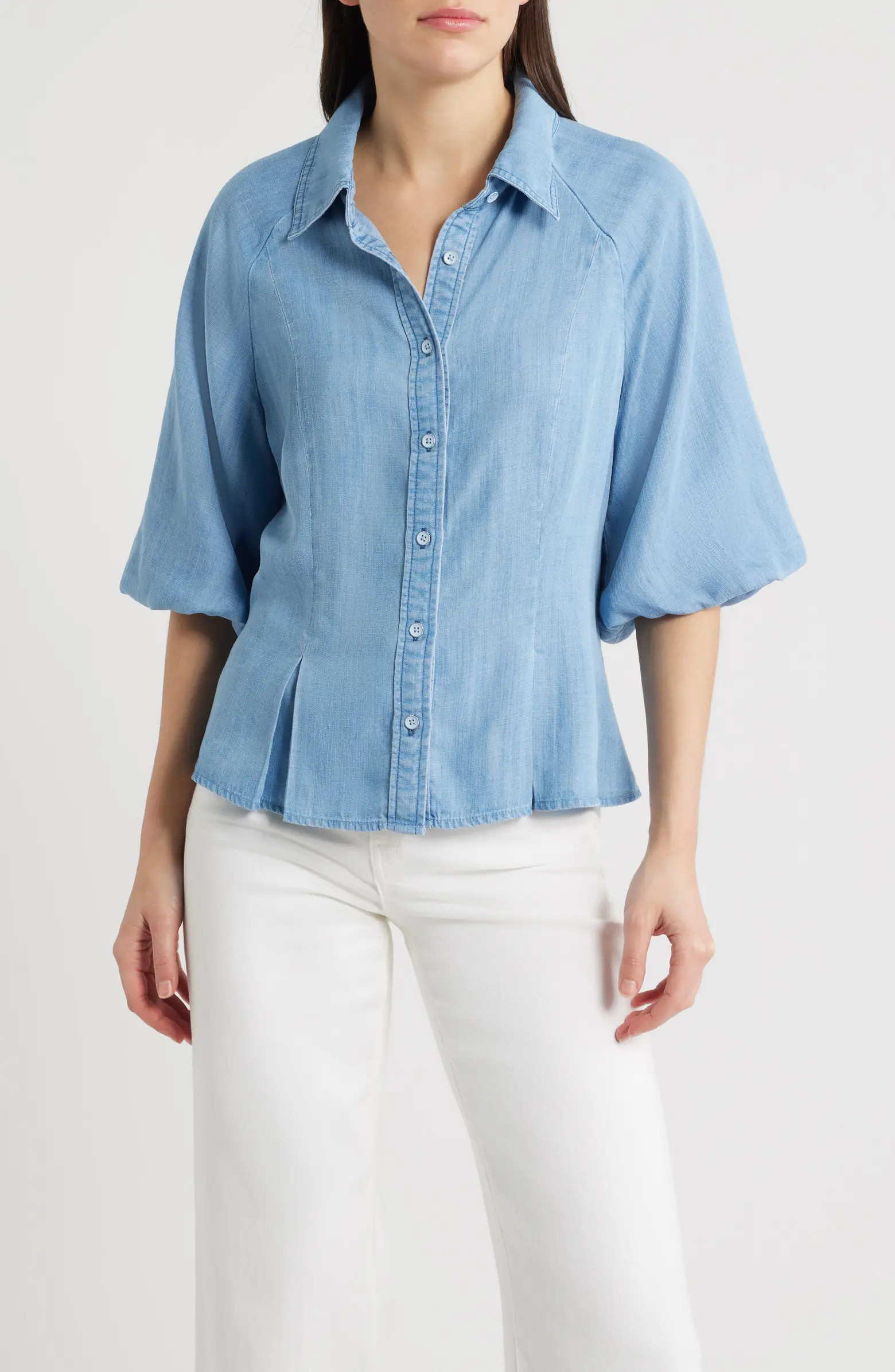 Bubble Sleeve Flare Button-Up Chambray Top | Nordstrom