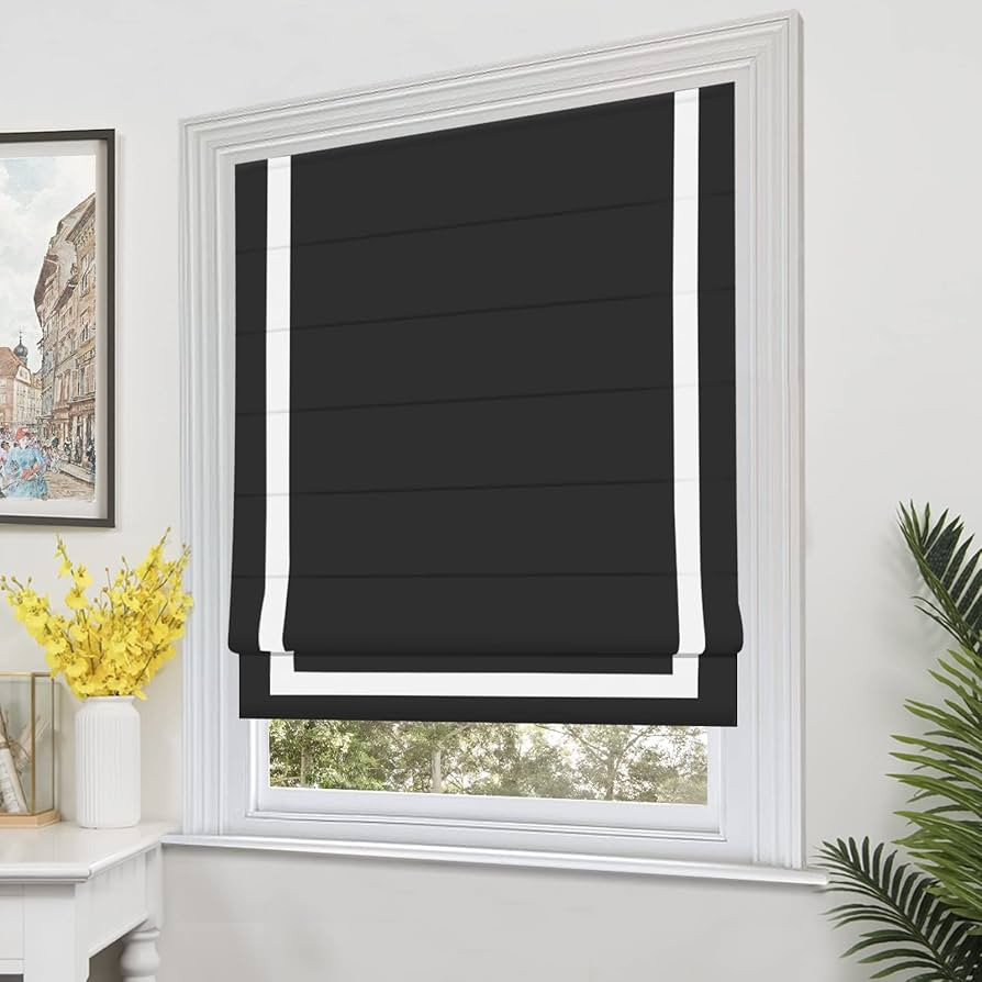 Cordless Blackout Roman Shades for Windows, Black Roman Blind with White Trim, Custom Fabric Roma... | Amazon (US)
