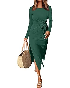 ANRABESS Womens 2026 Spring Long Sleeve Maxi Dress Crewneck Tie Waist Slit Casual Long T Shirt Dr... | Amazon (US)
