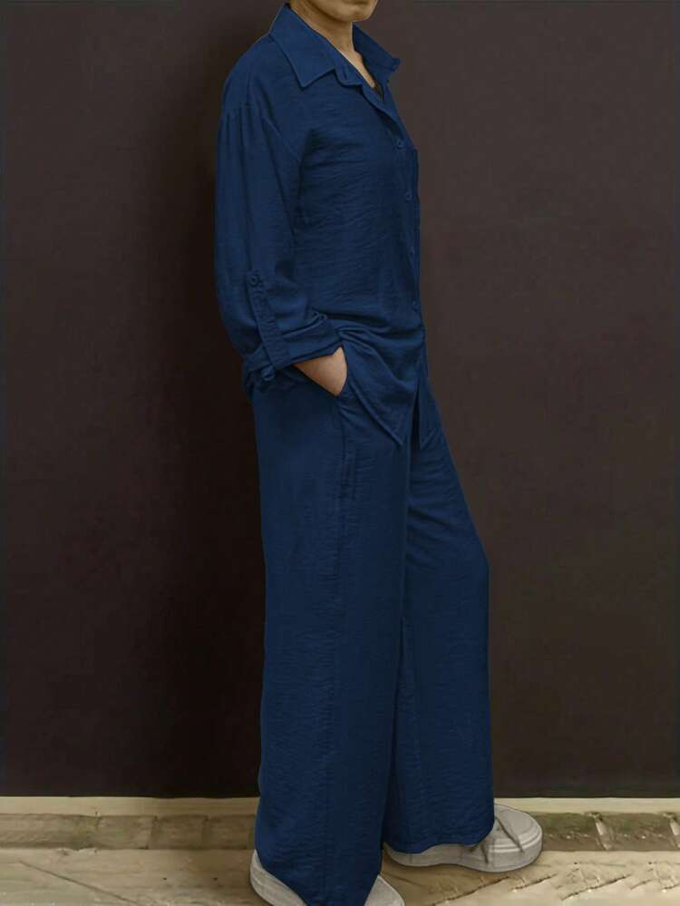 Casual Cardigan Outfit With Polo Collar Blouse Top & Elastic Waist Relaxed Fit Pants, Elegant And... | SHEIN