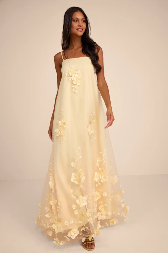 Allie Light Yellow Floral Applique Shift Maxi Dress | Lulus