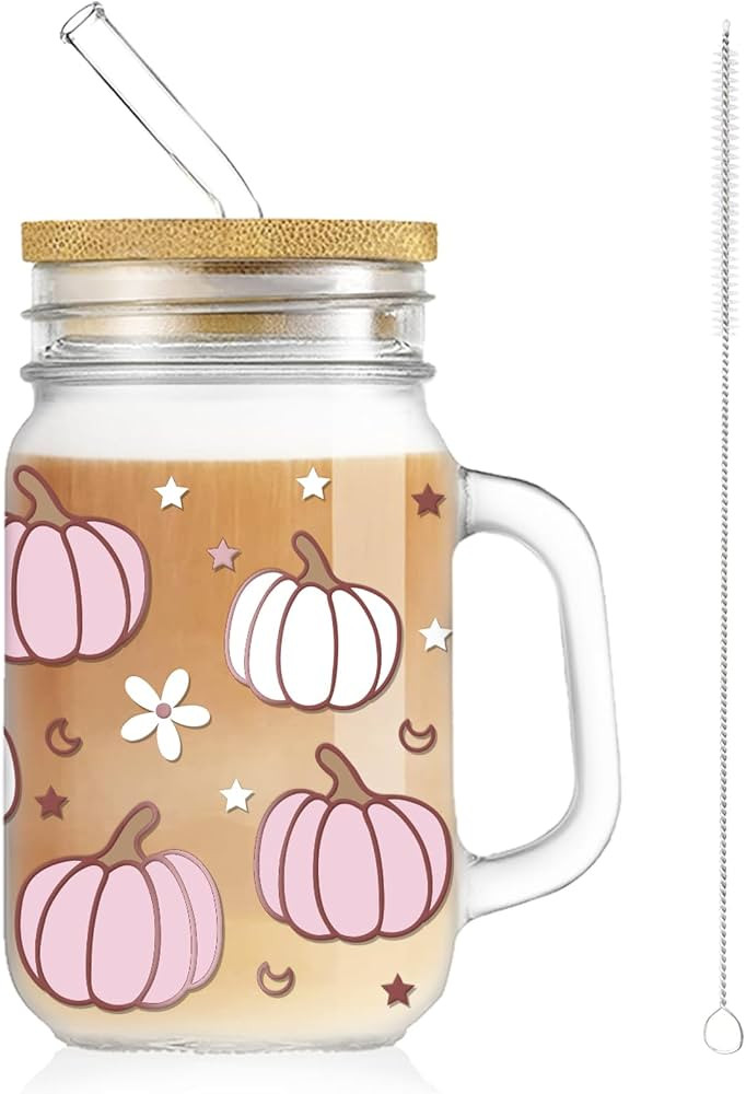 Whaline Fall Mason Jar Mug with Handle 18oz Pumpkin Flower Star Mason Jar Drinking Glasses Pink W... | Amazon (US)
