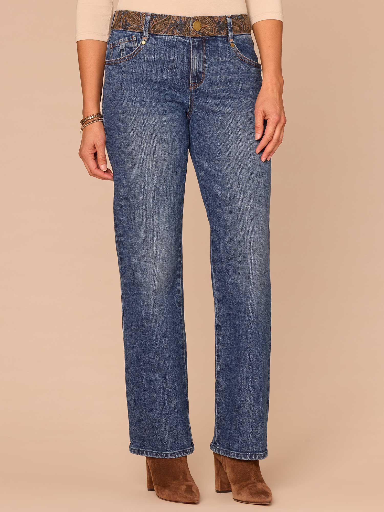 "Ab"solution® Mid-Rise Embroidered Waistband Straight Leg Petite Jeans | Democracy Clothing