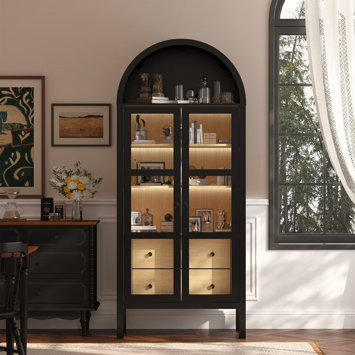 72" H Modern Farmhouse Auto Sensor Light Arched Cabinet with Glass Doors, Adjustable Shelf and 2 ... | Target