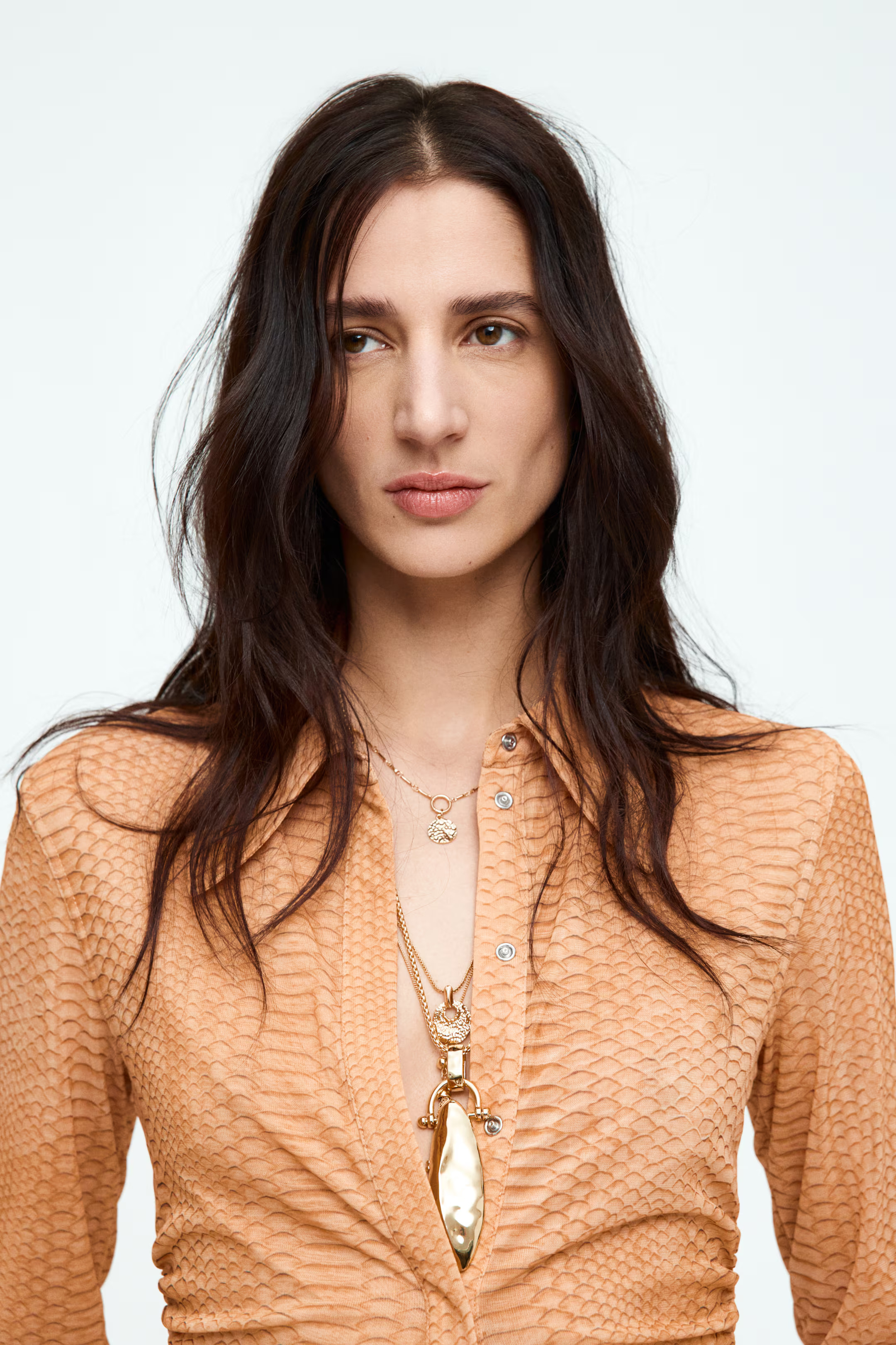 Ruched Mesh Shirt - Beige/snakeskin-patterned - Ladies | H&M US | H&M (US + CA)