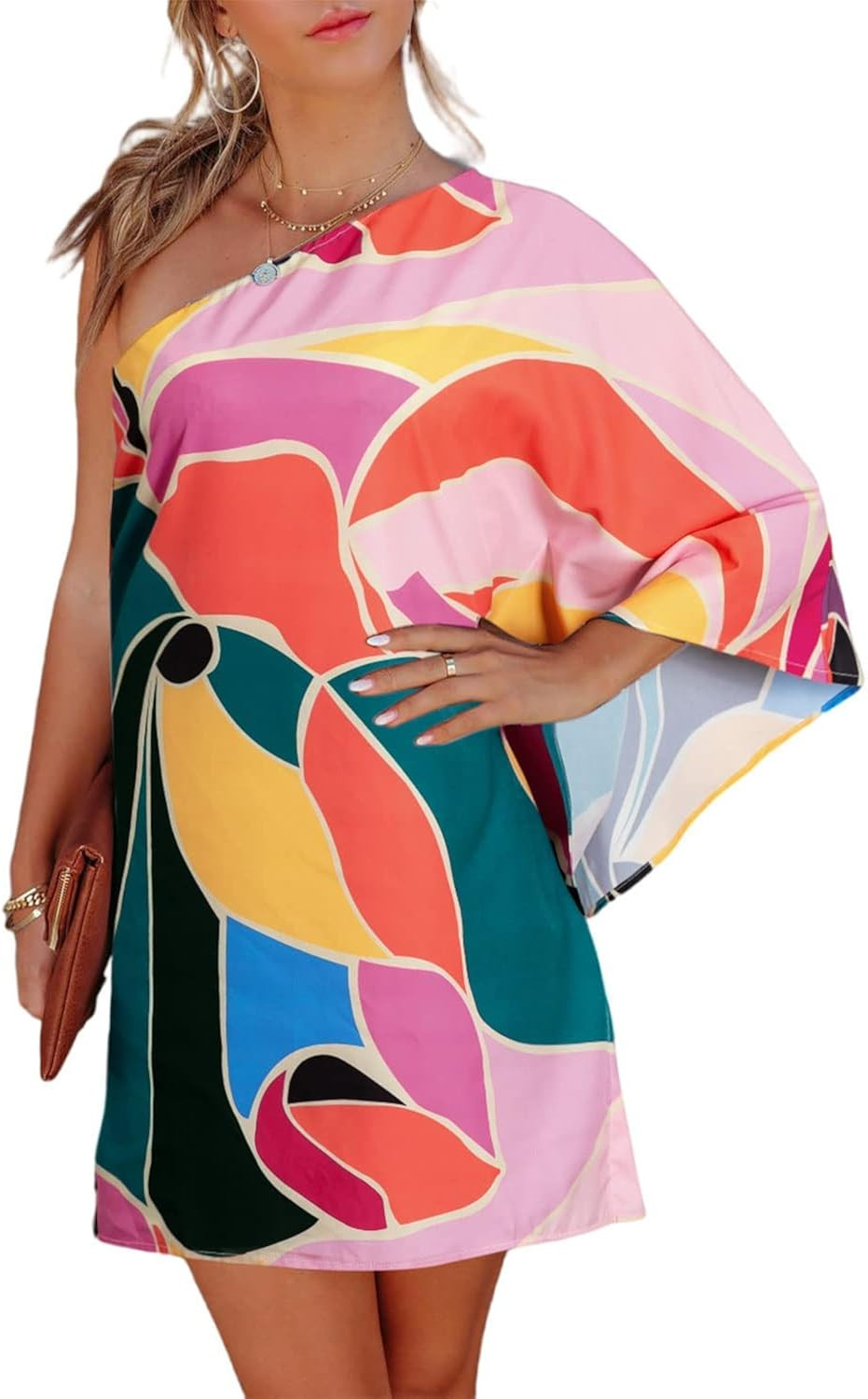 BerryGo Women's One Shoulder Batwing Cape Mini Dress Leopard Colorblock Loose Casual Party Dress | Amazon (US)