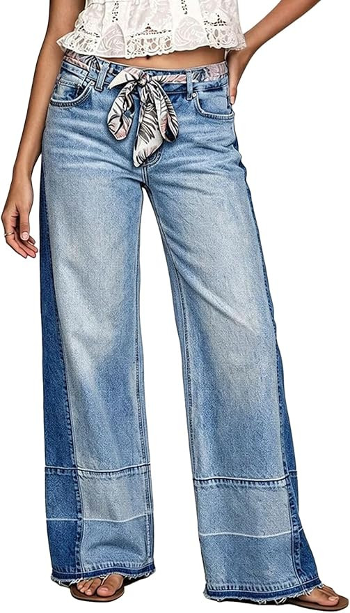 Flamingals Mid Rise Wide Leg Jeans for Women Cut & Sew Raw Hem Loose Fit Trendy Denim Jeans with ... | Amazon (US)