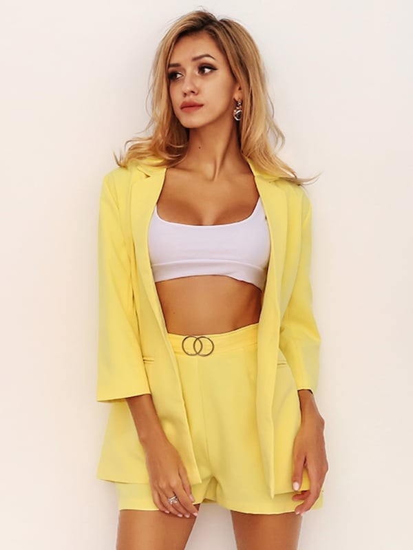 Joyfunear Notched Collar Blazer & 0-ring Detail Shorts Set | SHEIN