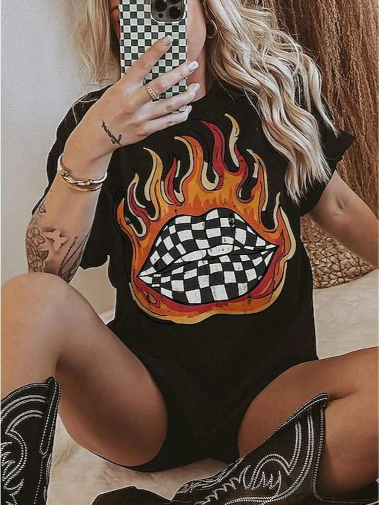 Checkered Flame Lips Shirt Western Graphic Tee Oversized Country Concert Tshirt  Western Clothes ... | SHEIN