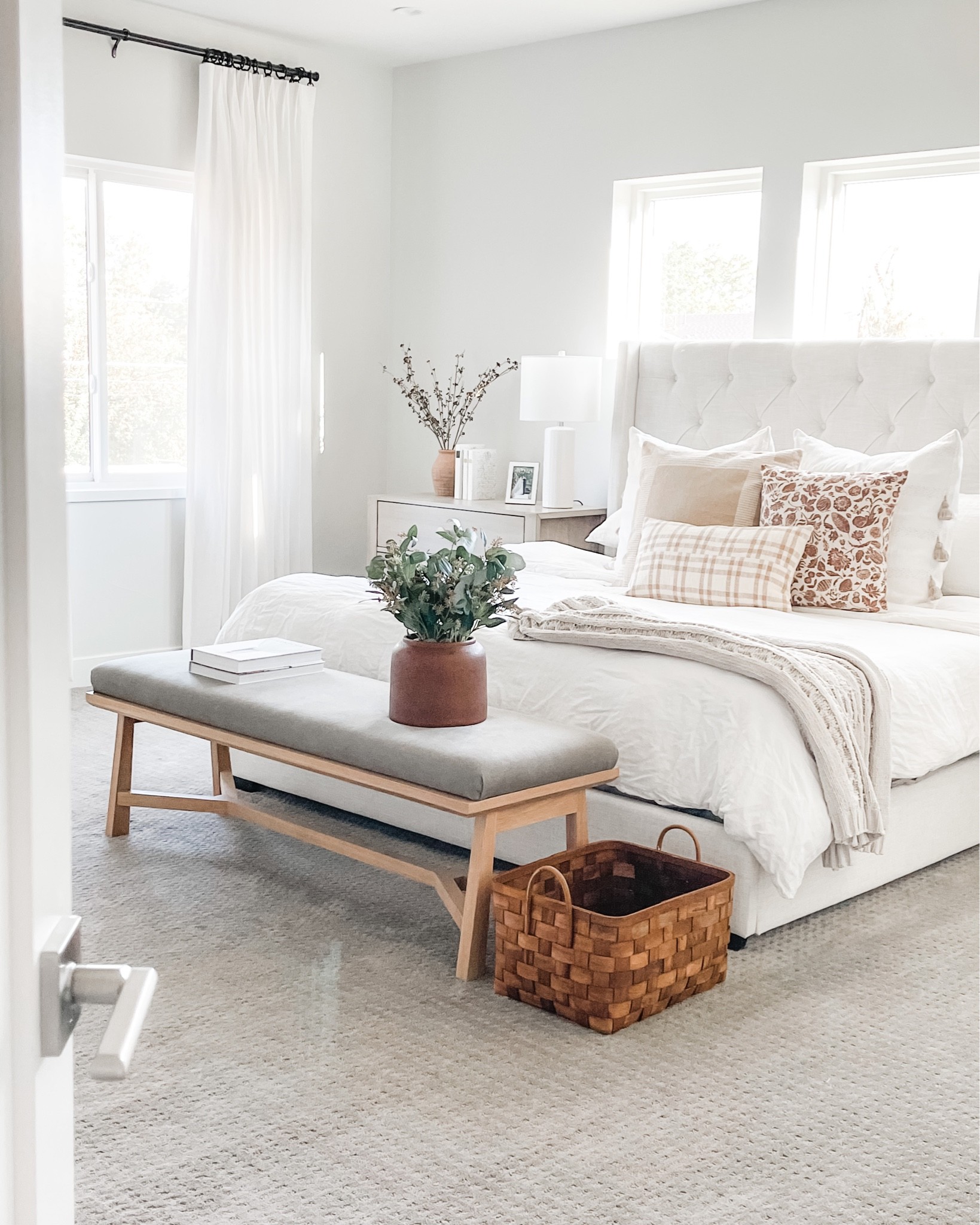 Fall bedroom decor. Pillows, florals, basket. Neutral bed, bench and lamps

#LTKhome #LTKSeasonal #LTKunder50