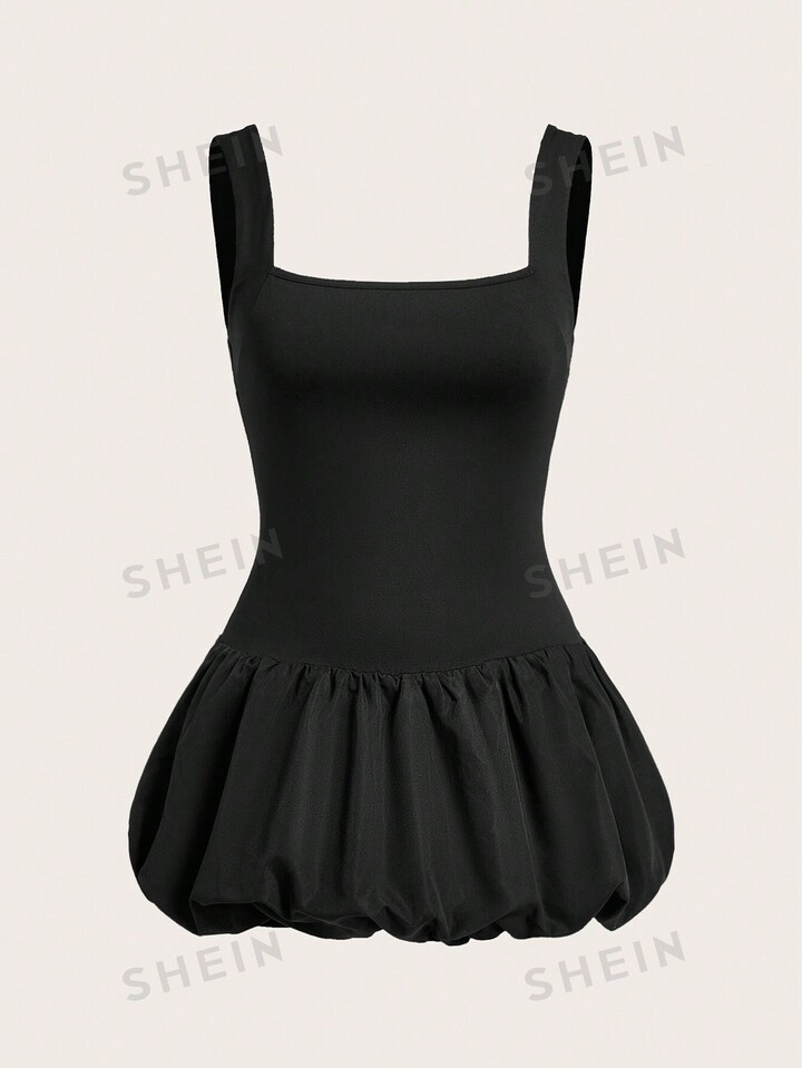 SHEIN EZwear Ladies New Fashion Solid Color Square Neck Waist Sleeveless Bubble Dress Bud Dress S... | SHEIN