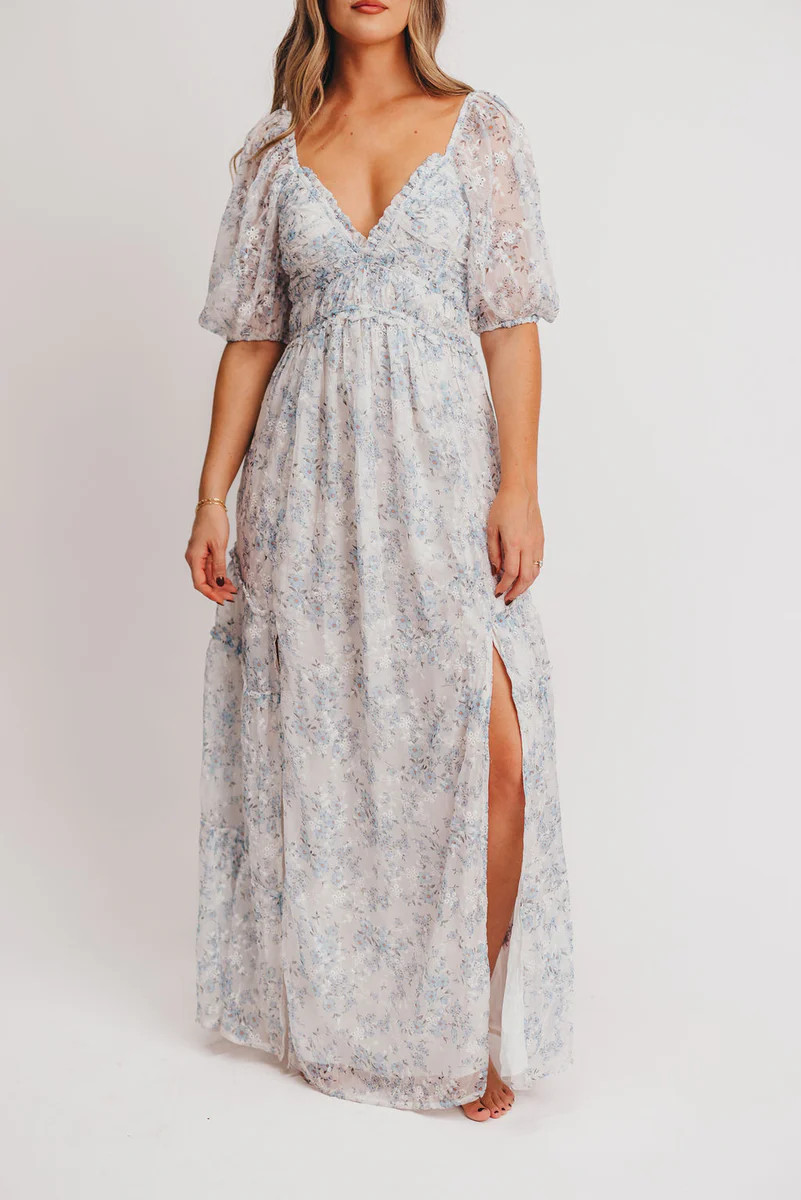 Daphne High Slit Eyelet Detail Maxi Dress in Blue/White Floral - Inclu | Worth Collective