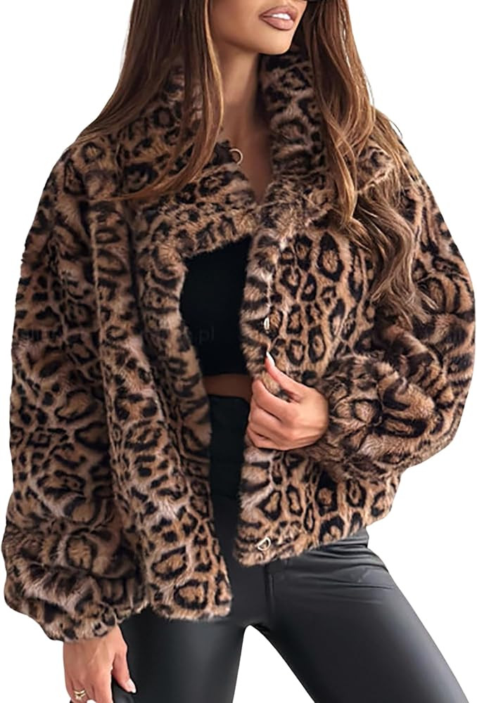CORIRESHA Women's Winter Faux Fur Jackets Warm Fleece Long Sleeve Leopard Print Coat | Amazon (US)