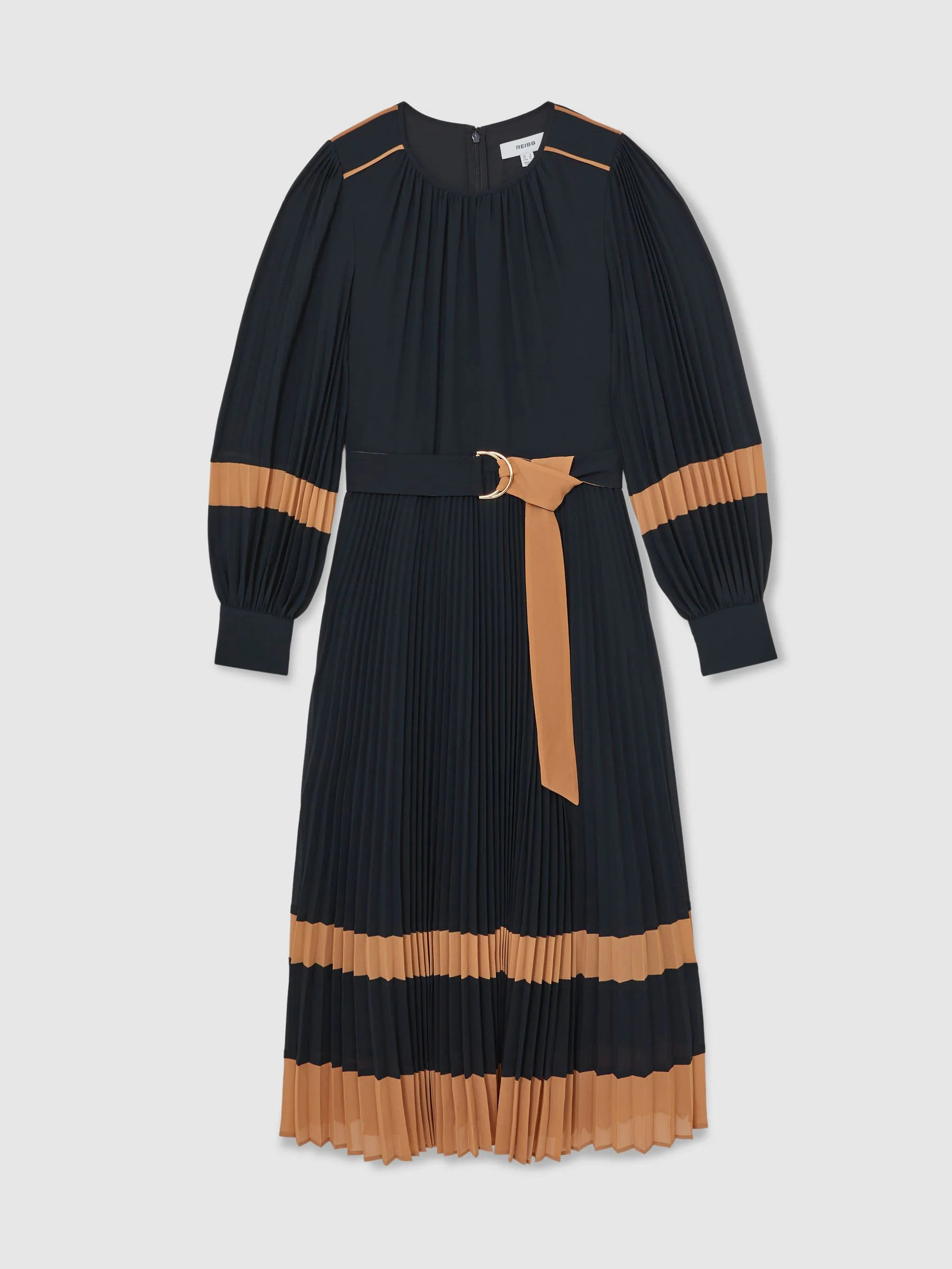 Reiss Reiss Navy/Camel Tori Colour-Block Pleated Midi Dress | Next US