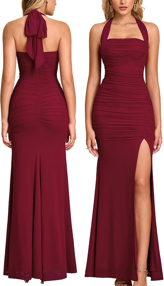 Women Bodycon Maxi Dress High Slit Halter Tie Ruched Long Formal Cocktail Wedding Guest Dresses | Amazon (US)
