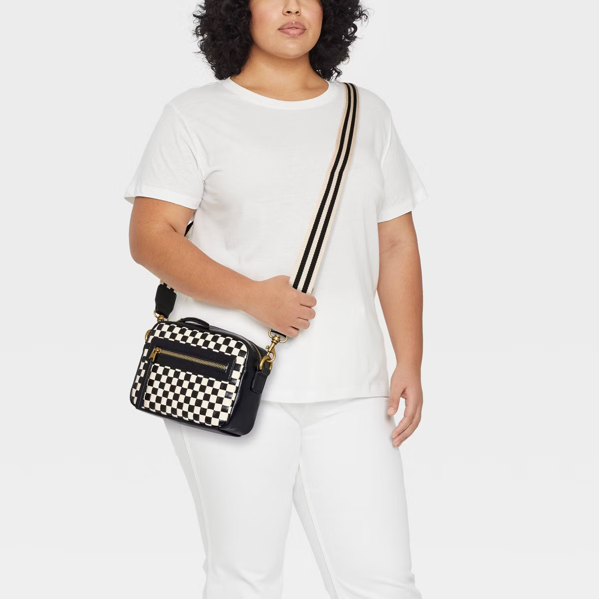 Checker Camera Crossbody Bag with Strap - Universal Thread™ Black/Cream: Basket Weave Pattern, ... | Target