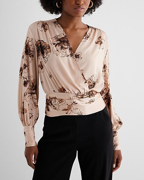 Satin Floral V-Neck Faux Wrap Pleated Waist Top | Express