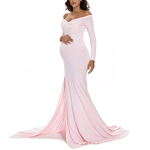 Maternity Photography Props Off Shoulder Long Dress Pregnancy Gown for Baby Shower Photo Shoot Peachpink | Amazon (US)