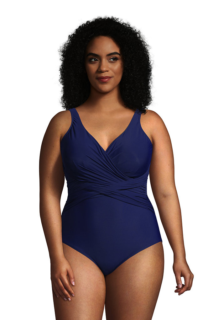 Women's Plus Size Slender Tummy Control Chlorine Resistant V-neck Wrap One Piece Swimsuit - Lands' E | Lands' End (US)