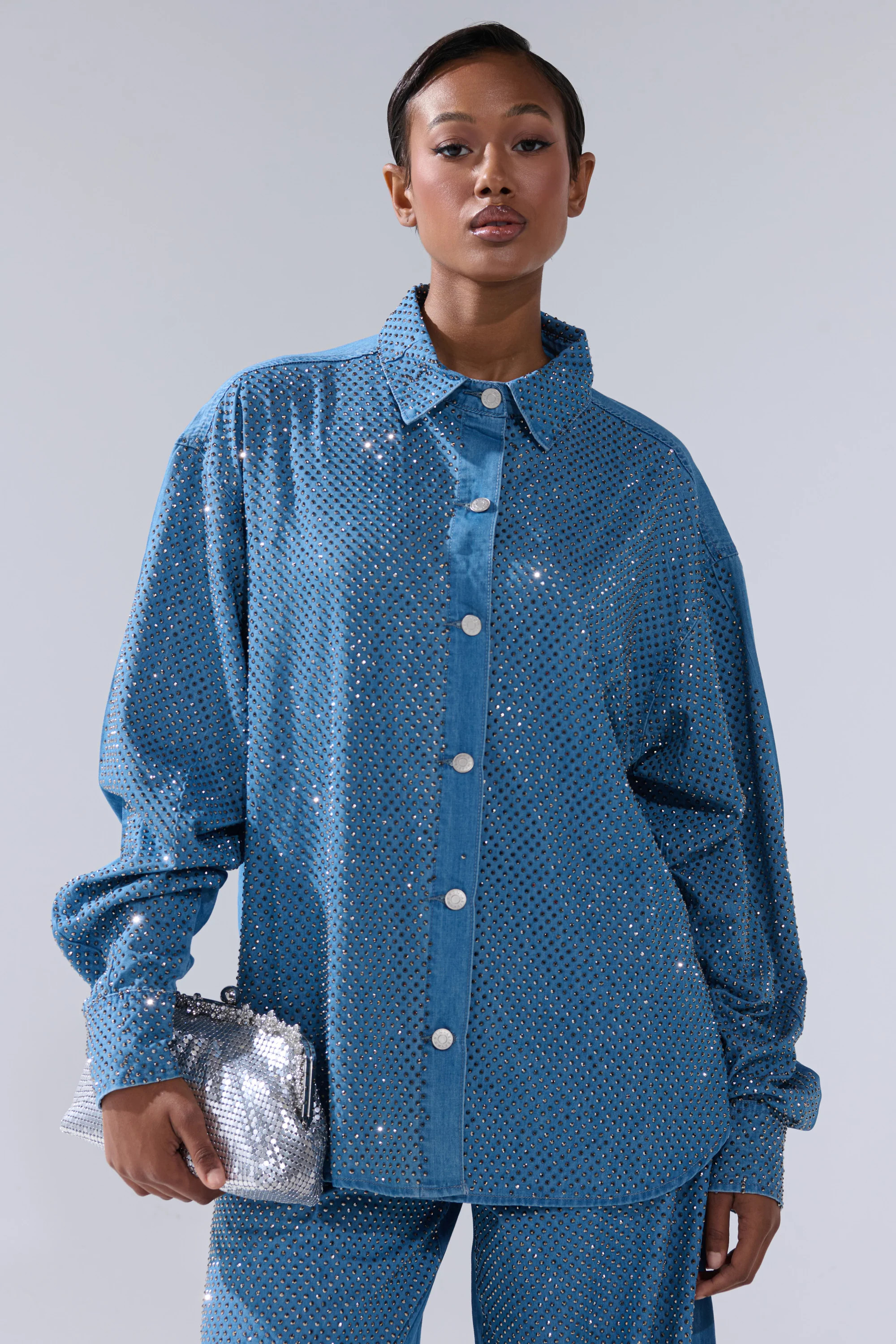 BLING BLING DENIM BUTTON DOWN TOP | AKIRA