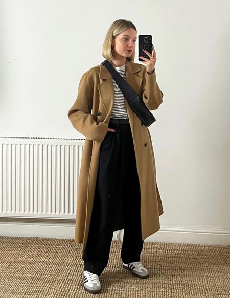 Brown long line coat, striped t-shirt, black wide leg trousers white leather trainers, crossbody leather bag

#LTKSeasonal #LTKstyletip #LTKeurope