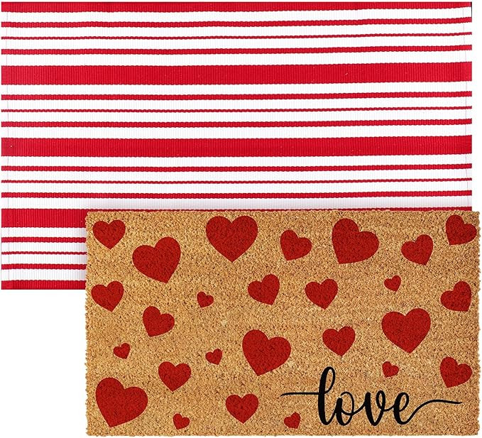 2 Pcs Valentine's Day Coir Welcome Doormat Outdoor Valentine's Day Love Heart Rug Layered Red and... | Amazon (US)
