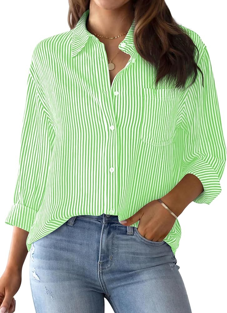 AISEW Womens Button Down Shirts Striped Classic Long Sleeve Collared Office Work Blouses Tops wit... | Amazon (US)
