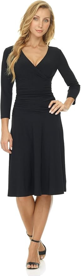 Rekucci Women's Slimming 3/4 Sleeve Fit-and-Flare Crossover Tummy Control Dress | Amazon (US)