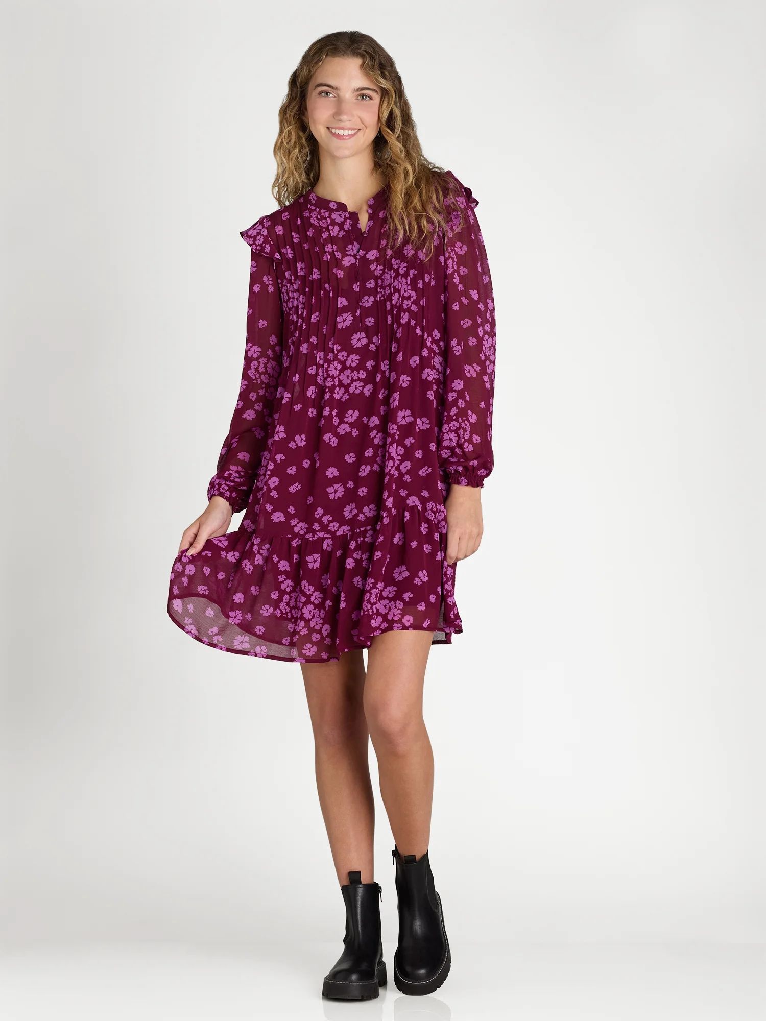 Time and Tru Women's Pintuck Mini Dress with Long Sleeves, Sizes XS-XXXL | Walmart (US)