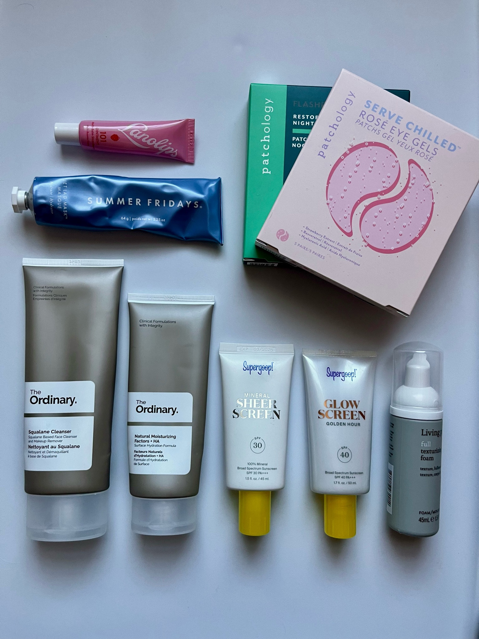 SPRING BEAUTY FAVES 🌸🌼🌱

Cleanser - The Ordinary Squalane Cleanser: use for a double-cleanse! First for removing makeup, second for a deeper cleanse.

Moisturizer - The Ordinary Natural Moisturizing Factors + HA: super gentle yet moisturizing! Doesn’t leave me feeling greasy, and is perfect for my sensitive rosacea skin. I love that it fits within the 100ml liquid travel limit, so perfect for before, during, and after my flight :)

Sunscreen - Supergoop! Mineral Sheer Screen SPF30: lightweight, not greasy, and unscented. Sensitive skin approved!

Sunscreen - Supergoop! Glow Screen SPF 40 in shade Golden Hour: I use this for a bit of bronze if my skin is looking dull. After applying my mineral sunscreen, I apply this with a buffing brush.

Hair Mousse - Living Proof Full Texturizing Foam: this perks my fine, thin hair right up! Perfect for my newly bob-length hair, I apply this right out of the shower by scrunching it in and letting my hair air-dry.

Under Eye Mask - Patchology Rose Eye Gels: a must for long haul flights. So cooling and refreshing after an overnight flight (especially if you feel puffy from lack of sleep). Pop these on right before your descent.

Under Eye Mask - Patchology Restoring Night Eye Gels: for overnight flights these are great right before you try to get some shut-eye. I love that they contain retinol to fight aging.

Facial Mask - Summer Fridays Jet Lag Mask: so multifunctional as a treatment mask or deeply hydrating moisturizer. Perfect during and after flying as skin can get super dehydrated on the plane.

Lip Mask - Lanolips 101 Ointment Multi-Balm in Strawberry: I love waking up with super plump and glossy lips. Apply right before you fall asleep, and it’s like getting needle-free injections overnight ;)

#theordinary #supergoop #livingproof #patchology #summerfridays #lanolips #beautyroutine #skincareroutine #beautyempties #travelskincare #travelroutine #selfcare 

#LTKxSephora #LTKtravel #LTKbeauty