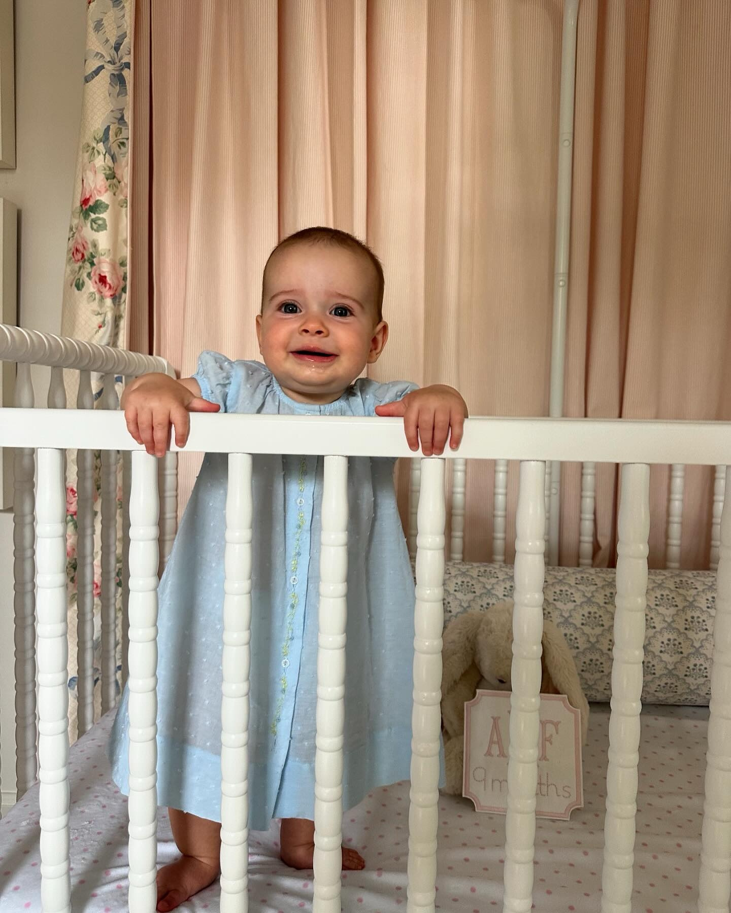 Nine Months Old 
🤍
I say it every month but Ann Foster really is the sweetest little girl! She has given us so many special moments the last few weeks. She is crawling and on the move and it’s been fun watching her learn how to get around. She loves pulling up on everything and prefers to be standing at all times. She started going to Sunday school, but we are still trying to make it through the whole class time 😂. She spent time with her cousins and friends and went on a few boat rides which loves. She is very talkative, gives the best slobbery kisses and is so funny when she mimics us. And yes, she is still obsessed with her tongue. 😋 Clearly, we are obsessed with her.