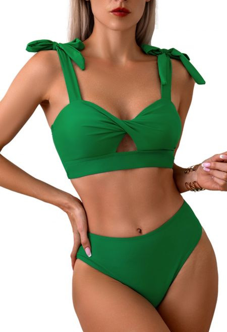 Tie-Shoulder Twist Cutout Bikini Set in Green | Chicwish