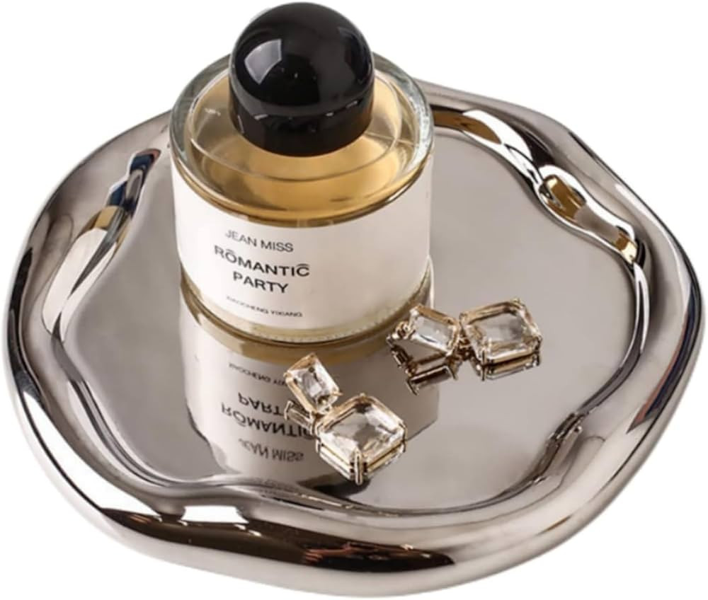 Silver Tray Decorative Vanity Tray Bathroom Tray Jewelry Dish Ceramic Silver Round Plate Holder M... | Amazon (US)