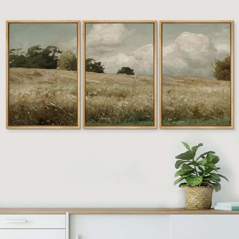Rustic Clouds Meadow Landscape Vintage Wood Nursery Decor Framed Canvas 3 Pieces Print Wall Art | Wayfair North America