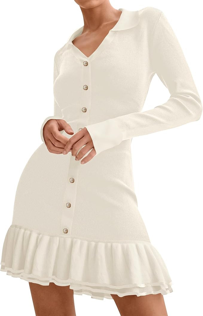 chouyatou Women's Long Sleeve Ruffle Hem Bodycon Knit Sweater Mini Dress Collared Back Tie Knot C... | Amazon (US)