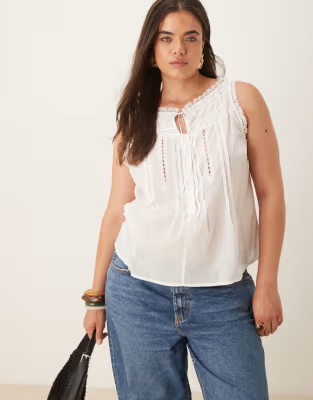 ASOS DESIGN Curve sleeveless lace trim top with ribbon tie detail in white | ASOS (Global)