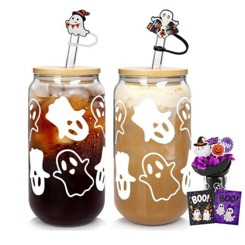 2-Pack Halloween Ghost Glass Cups with Lids& Straws, Boo Basket Stuffers | Amazon (US)