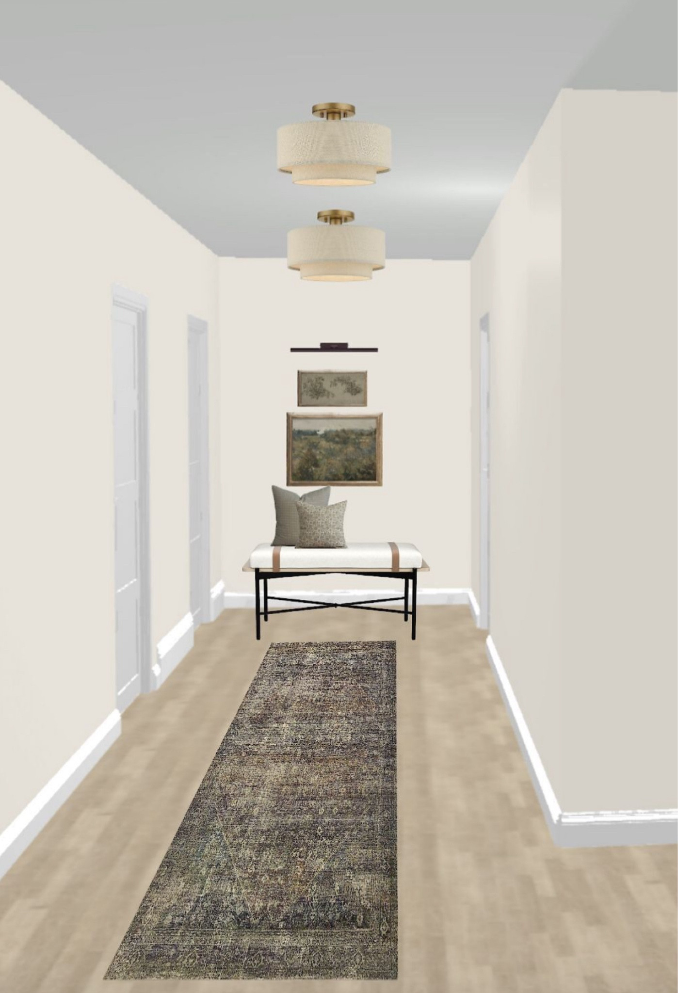 Hallway decor! #hallway #throwpillows #runnerug #ceilinglight #transitionaldecor 